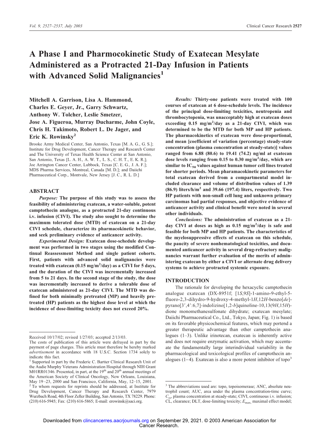 A Phase I and Pharmocokinetic Study of Exatecan Mesylate Administered As a Protracted 21-Day Infusion in Patients with Advanced Solid Malignancies1