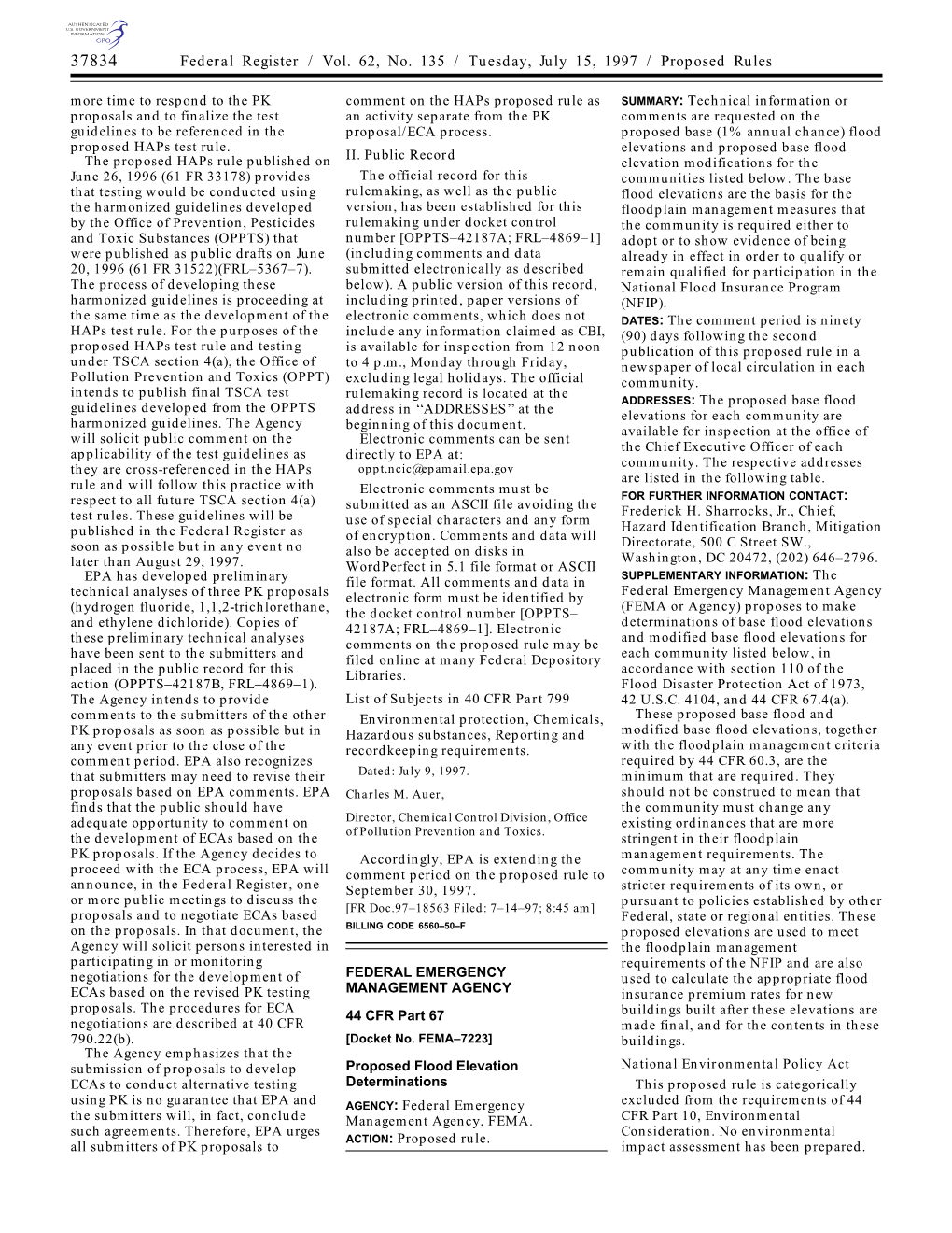 Federal Register / Vol. 62, No. 135 / Tuesday, July 15, 1997 / Proposed