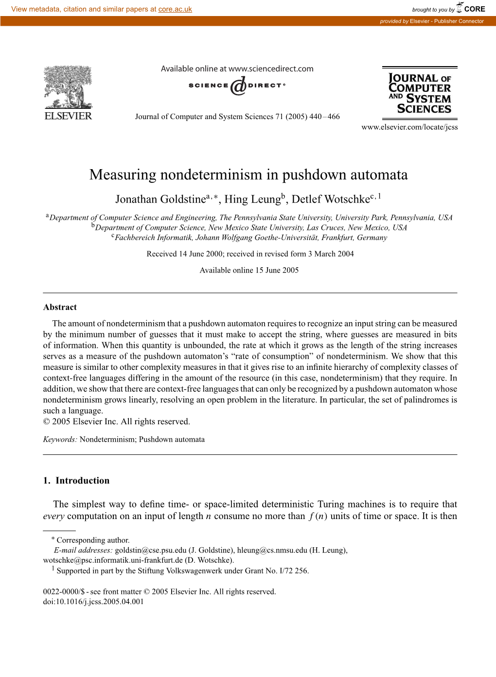 Measuring Nondeterminism in Pushdown Automata Jonathan Goldstinea,∗, Hing Leungb, Detlef Wotschkec,1