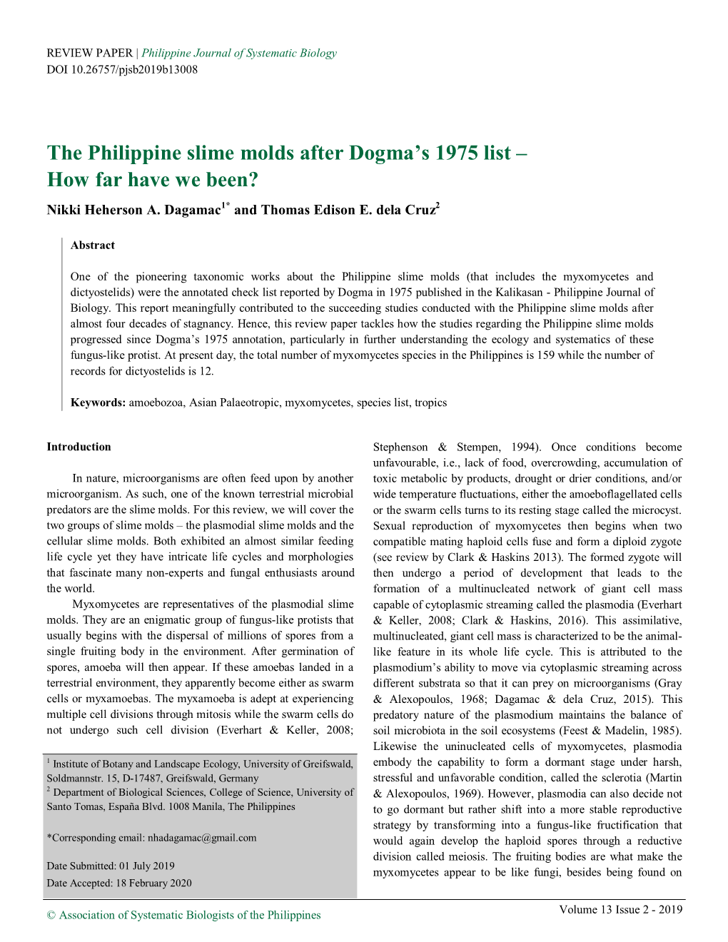 The Philippine Slime Molds After Dogma's 1975 List