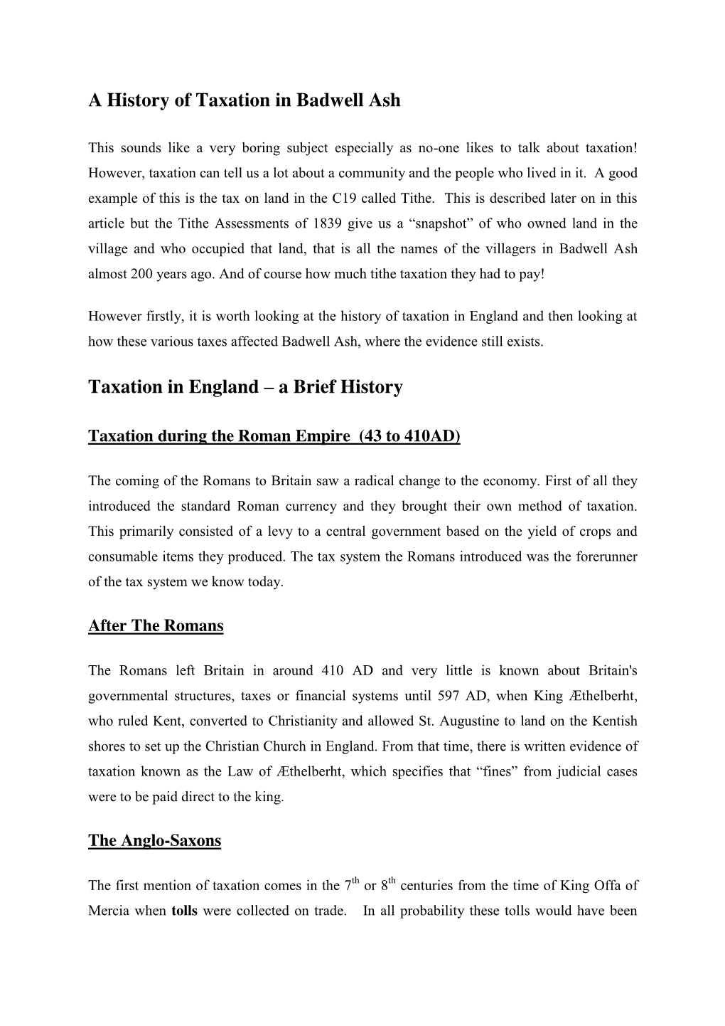 A History of Taxation in Badwell Ash Taxation In