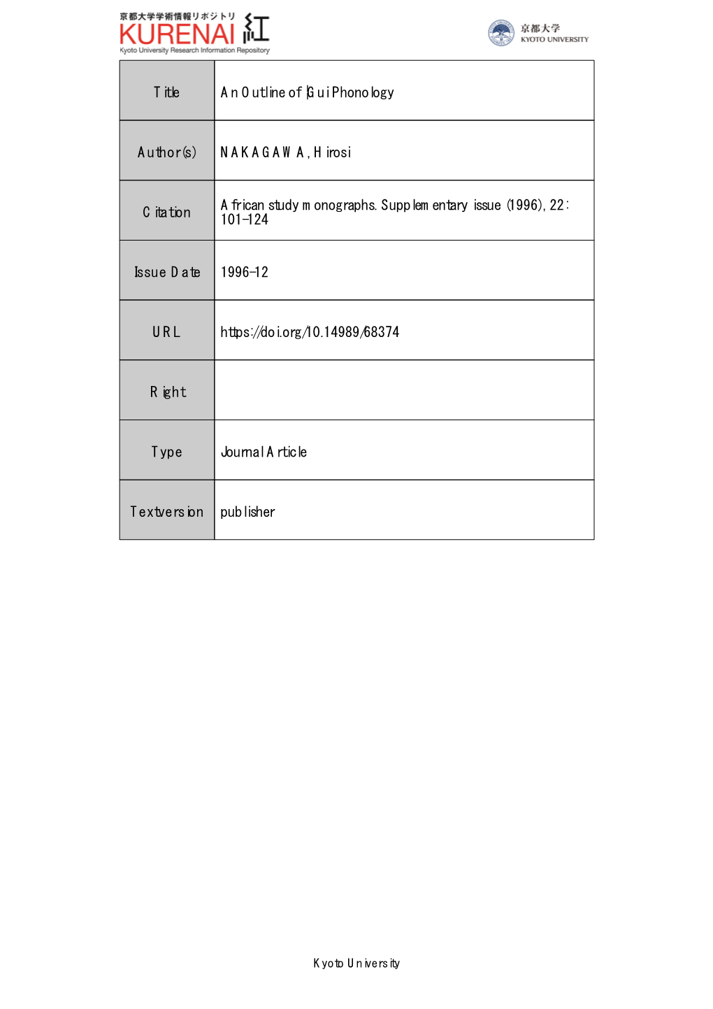 Title an Outline of |Gui Phonology Author(S) NAKAGAWA, Hirosi Citation African Study Monographs. Supplementary Issue (1996)