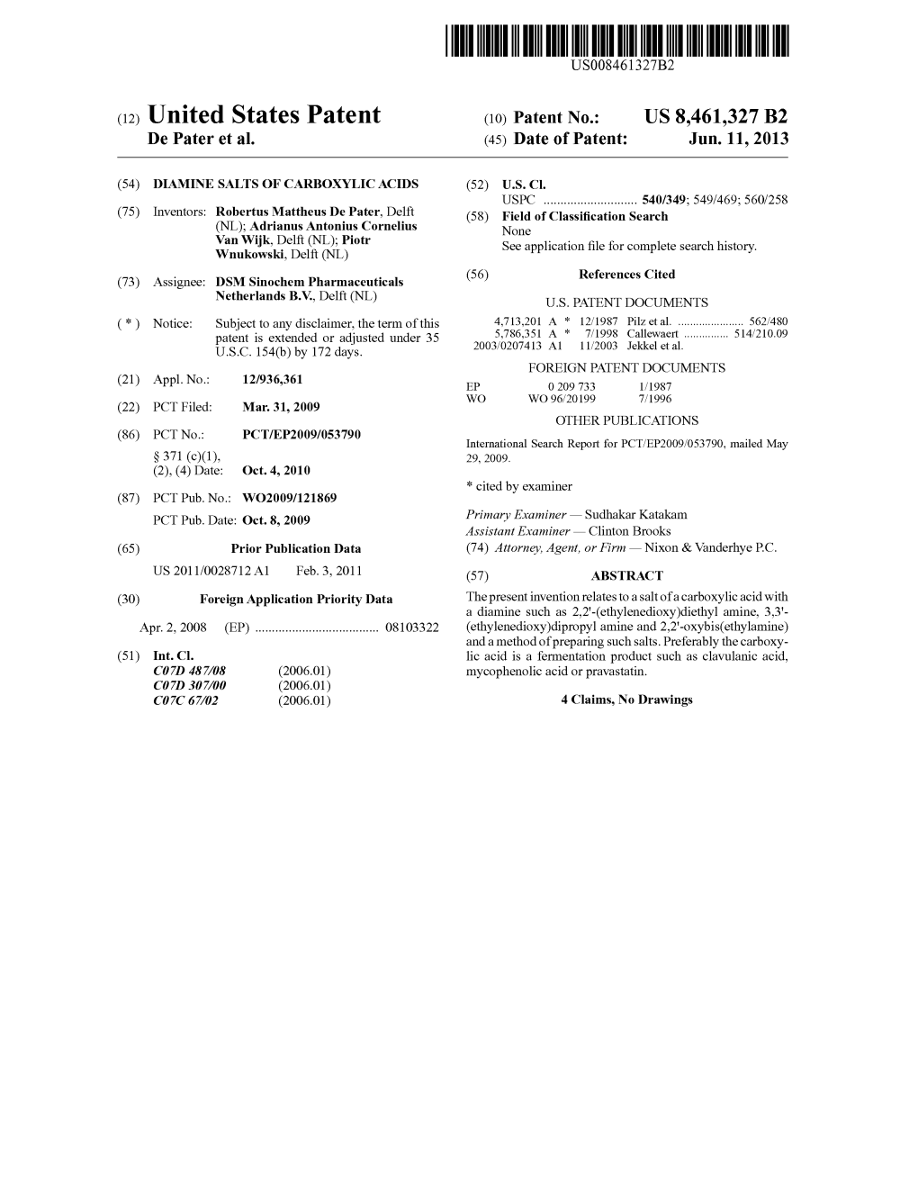 (12) United States Patent (10) Patent No.: US 8.461,327 B2 De Pater Et Al