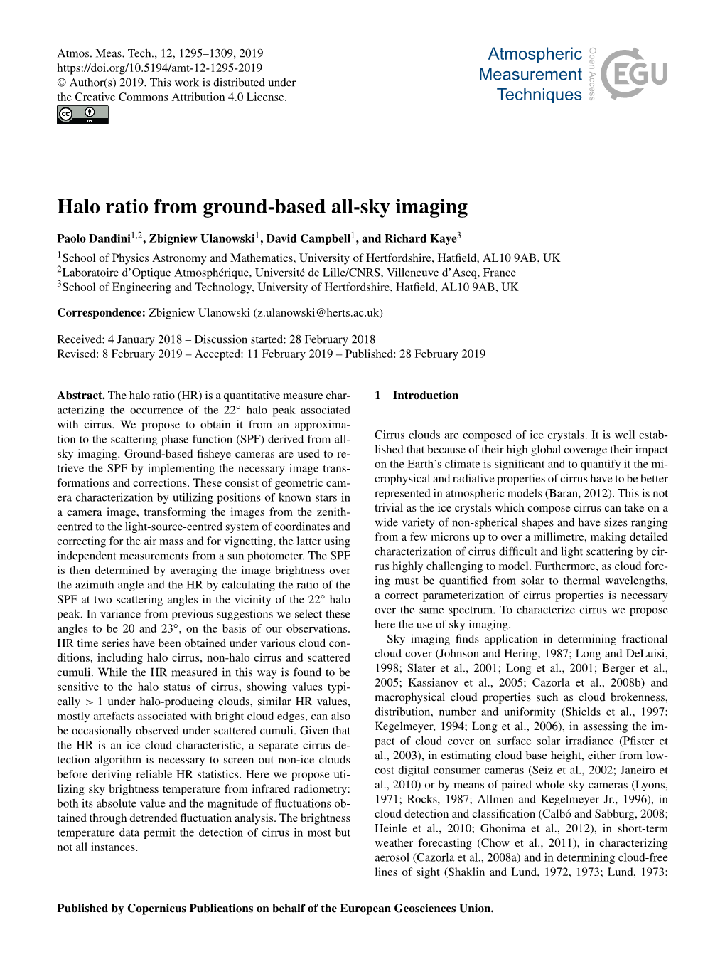 Halo Ratio from Ground-Based All-Sky Imaging