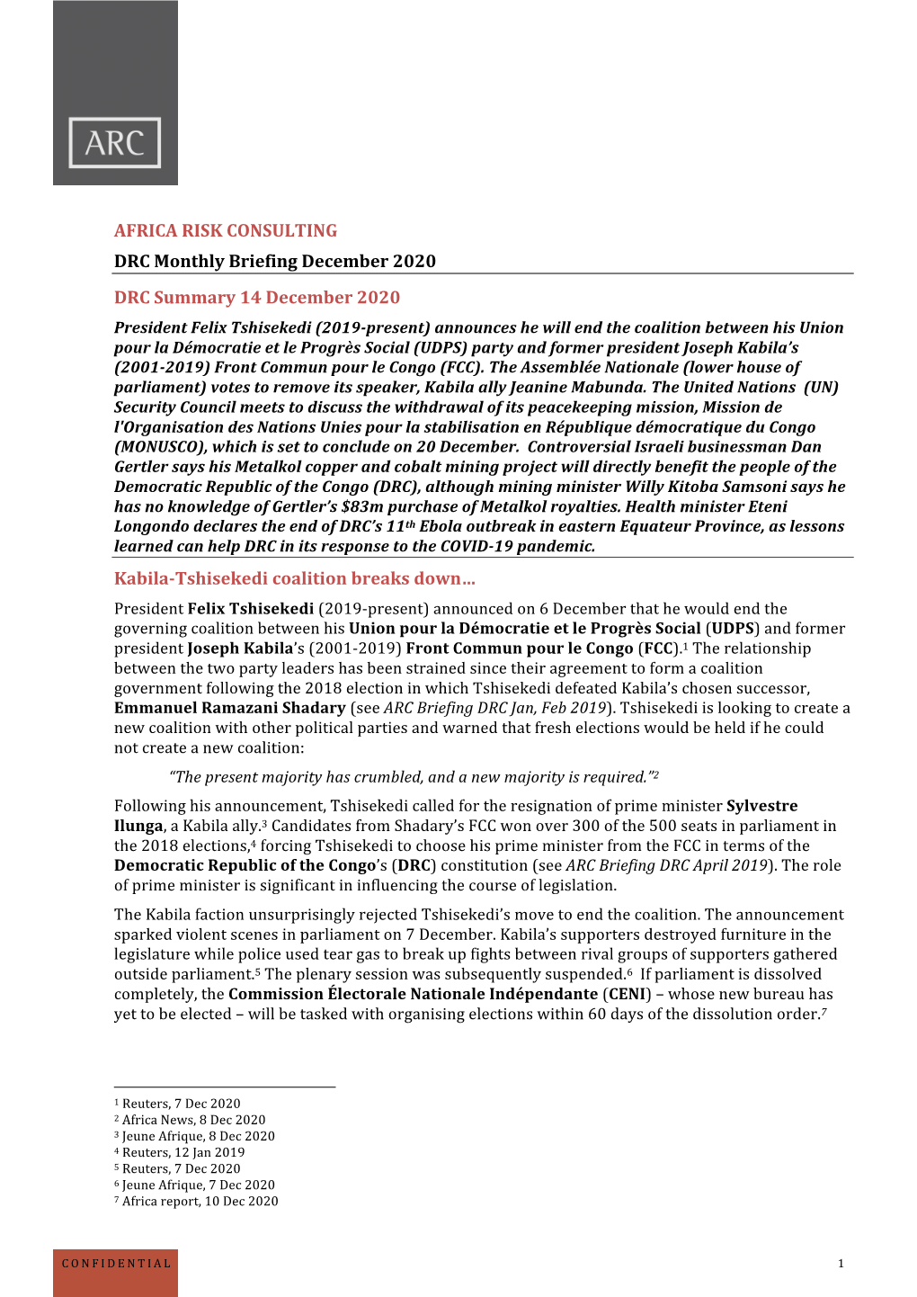 AFRICA RISK CONSULTING DRC Monthly Briefing December 2020
