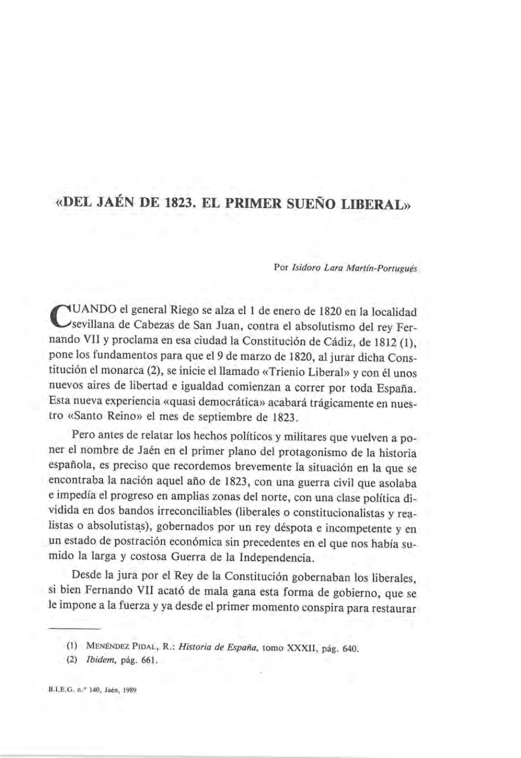 «Del Jaén De 1823. El Primer Sueño Liberal»