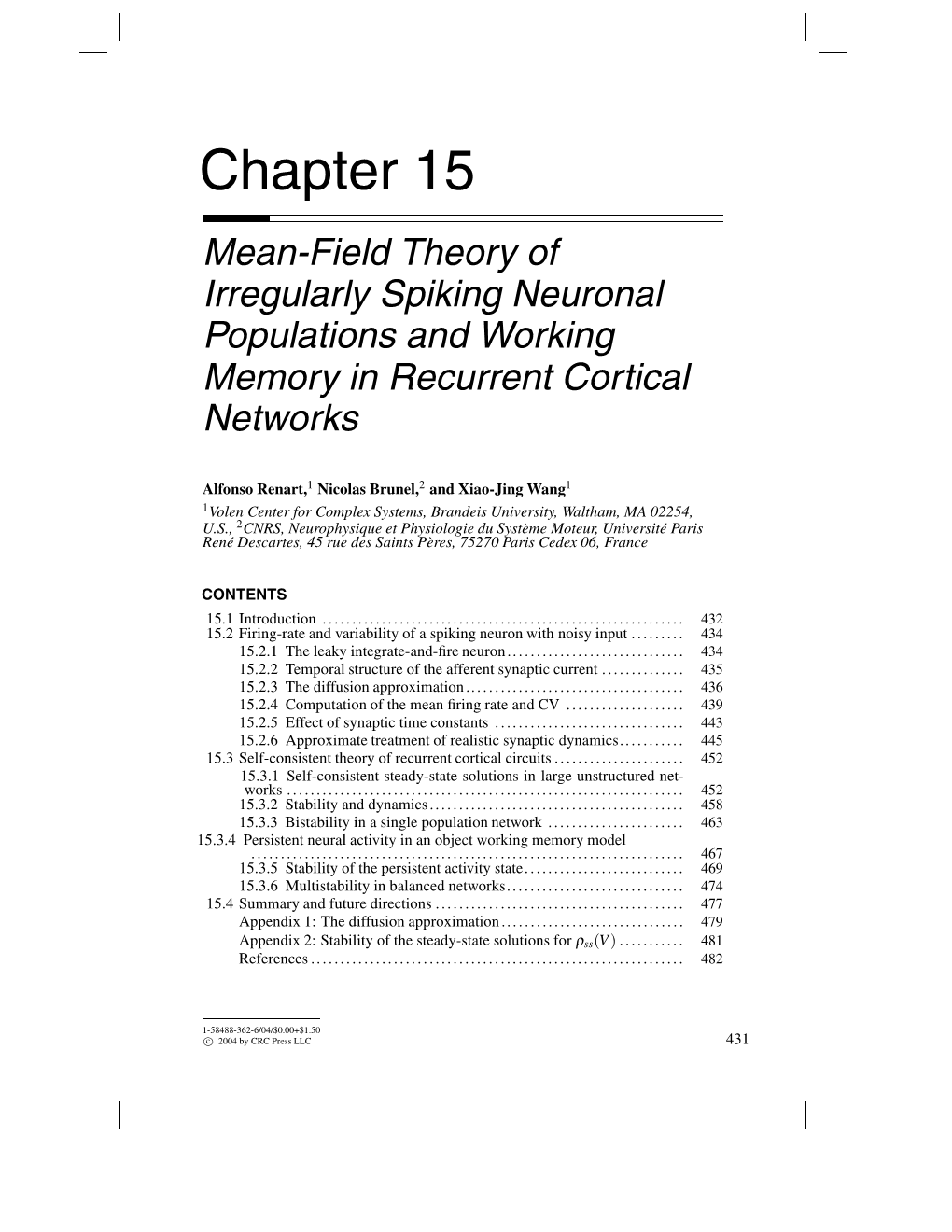 Chapter 15 Mean-Field Theory of Irregularly Spiking Neuronal Populations and Working Memory in Recurrent Cortical Networks