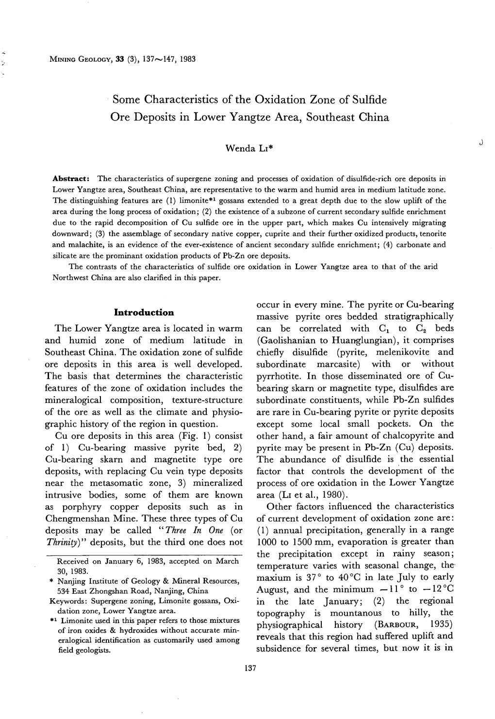 Some Characteristics of the Oxidation Zone of Sulfide Ore Deposits in Lower Yangtze Area, Southeast China