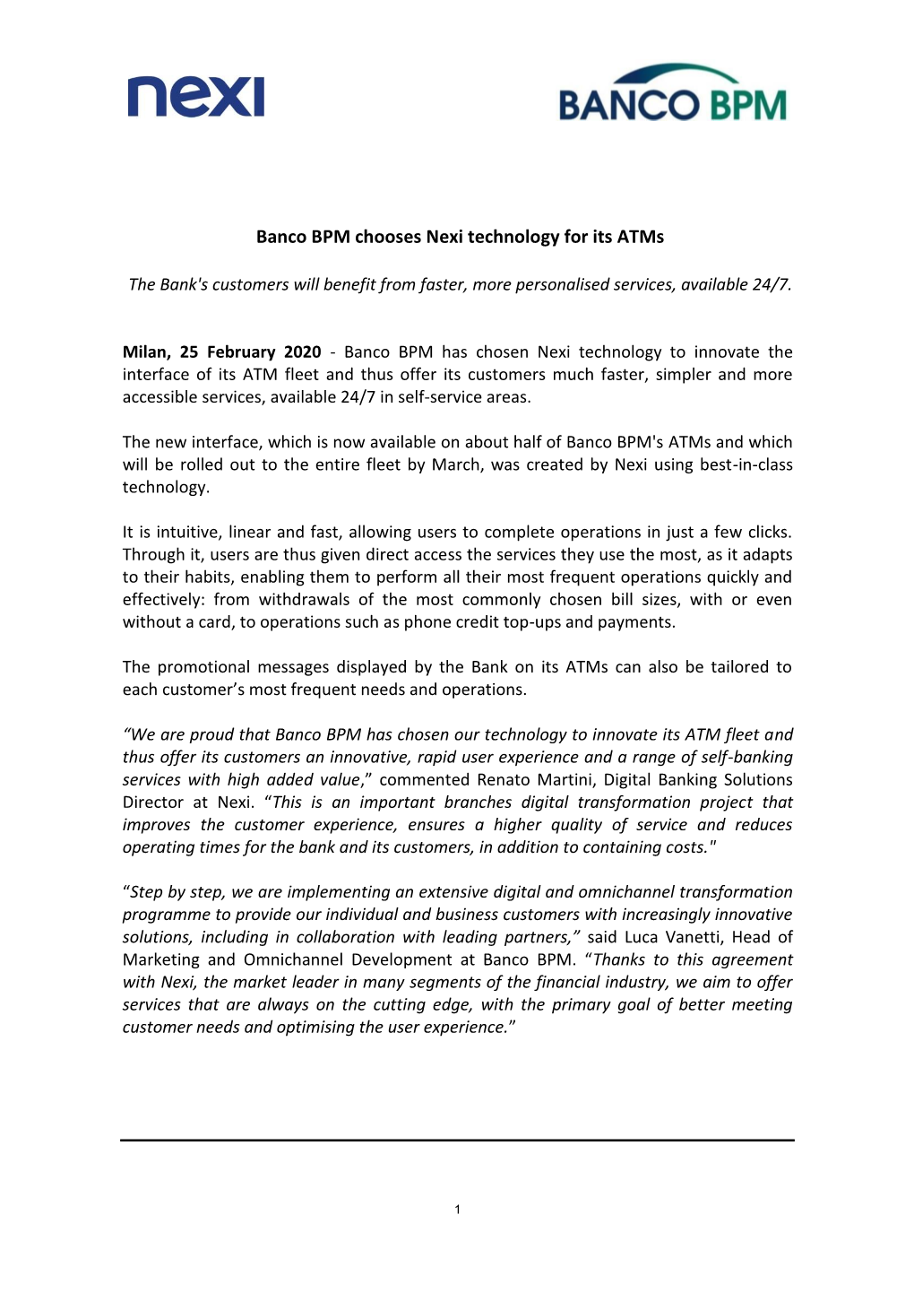 Banco BPM Chooses Nexi Technology for Its Atms