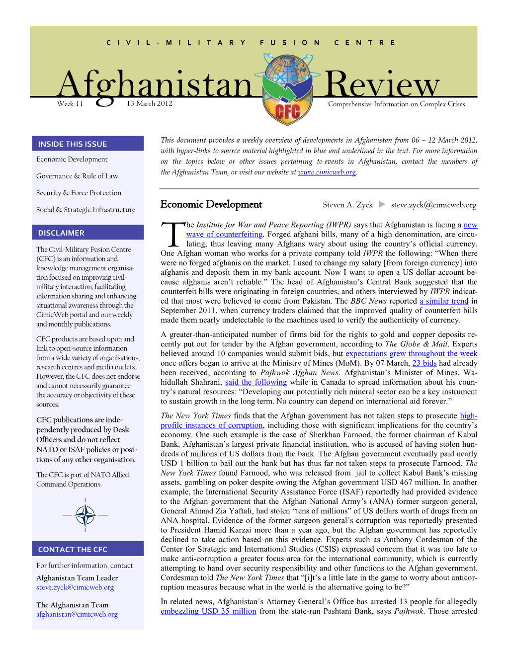 Afghanistan Review Week 11 13 March 2012 Comprehensive Information on Complex Crises