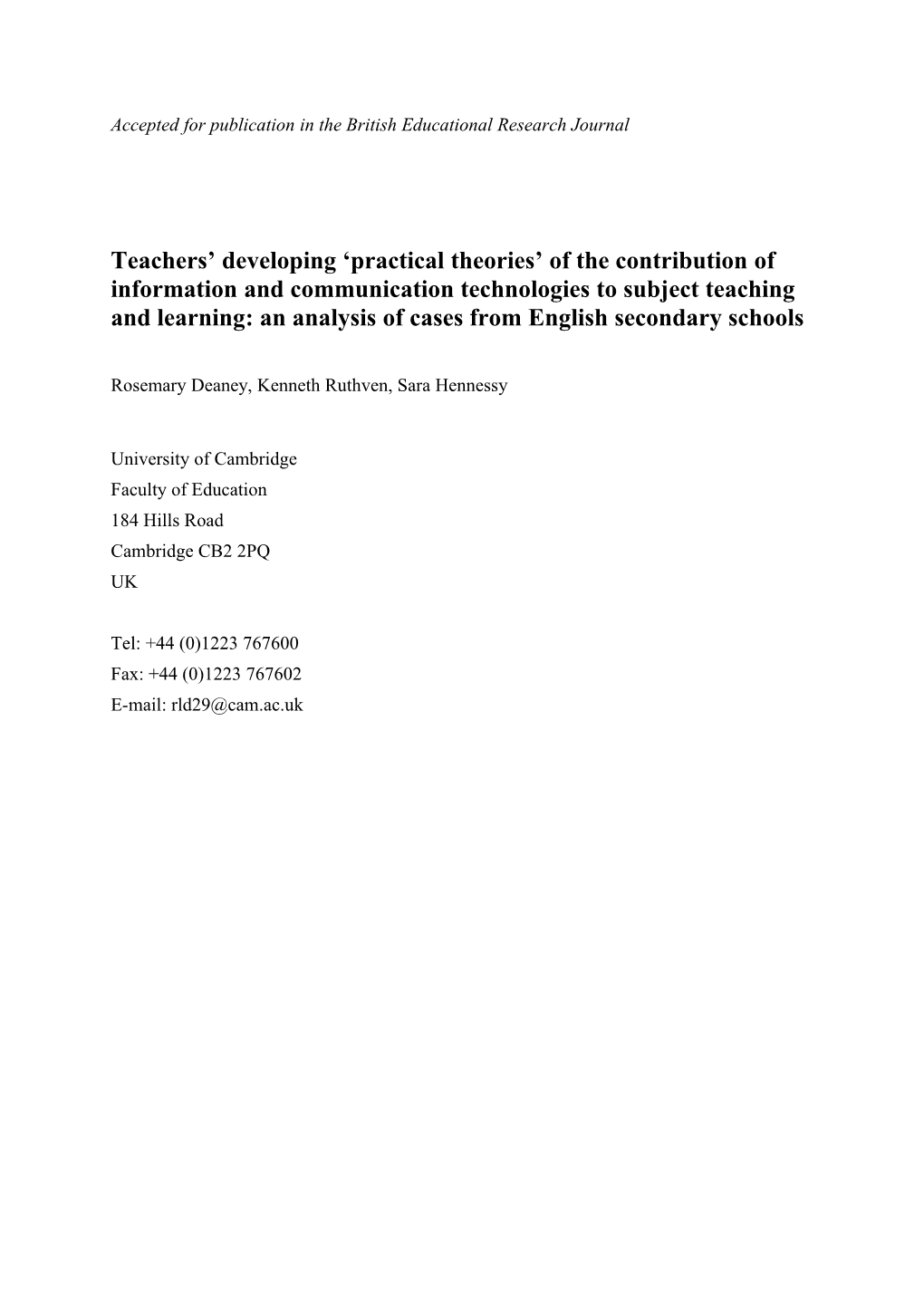 Accepted for Publication in the British Educational Research Journal