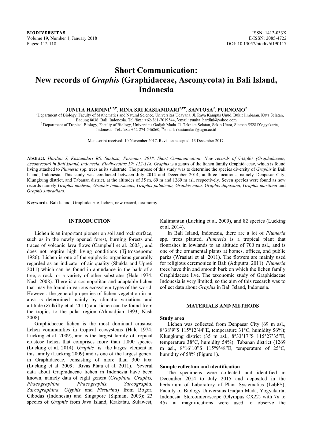 Short Communication: New Records of Graphis (Graphidaceae, Ascomycota) in Bali Island, Indonesia