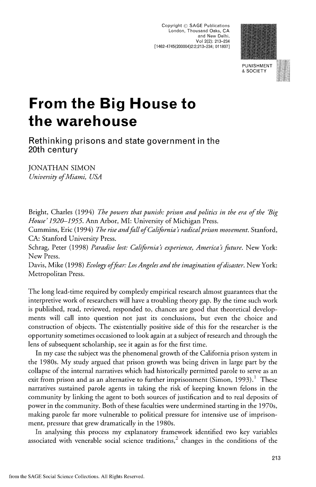 From the Big House to the Warehouse Rethinking Prisons and State Government in the 20Th Century