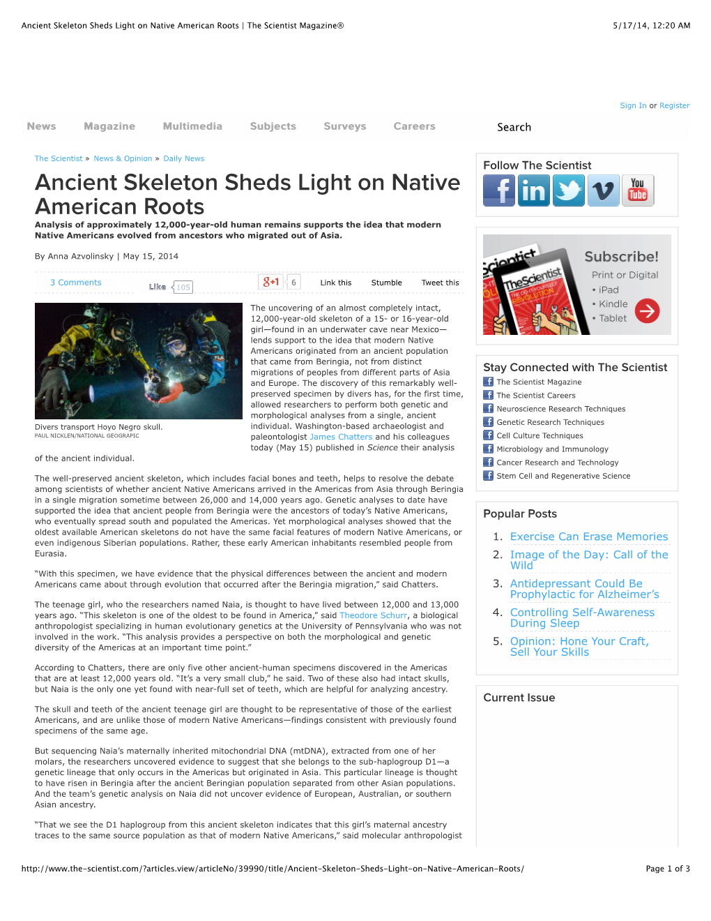 Ancient Skeleton Sheds Light on Native American Roots | the Scientist Magazine® 5/17/14, 12:20 AM