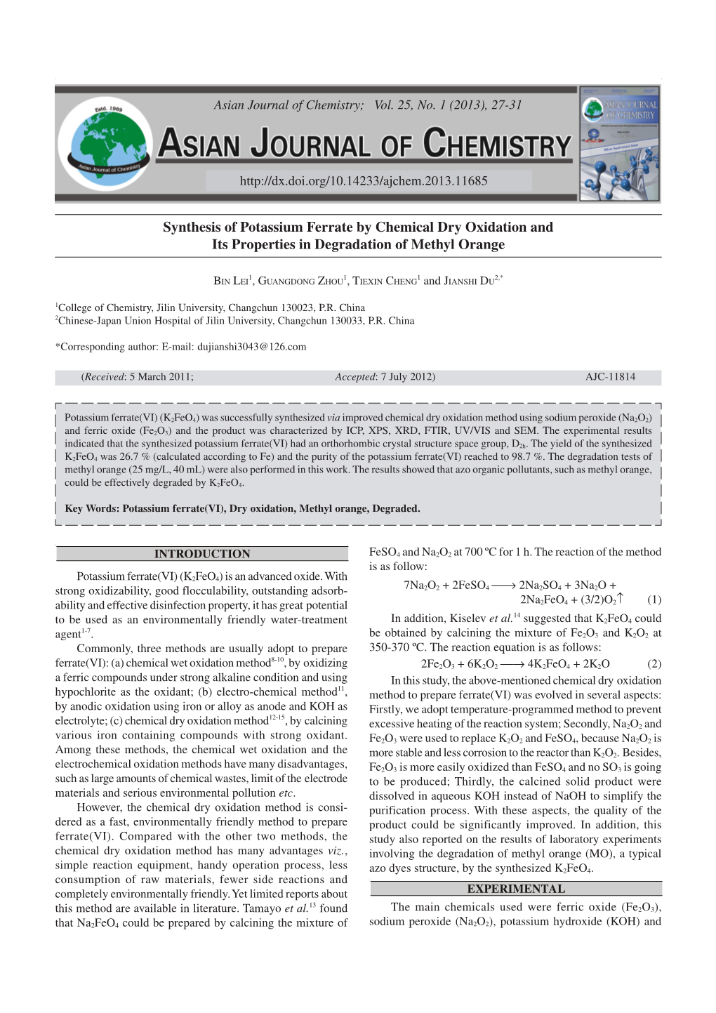 Synthesis of Potassium Ferrate by Chemical Dry Oxidation and Its Properties in Degradation of Methyl Orange