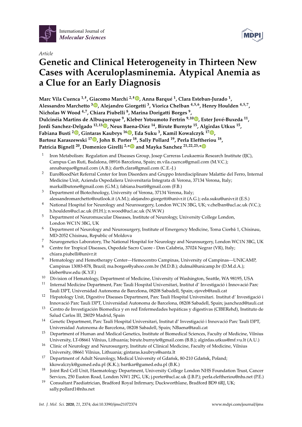 Genetic and Clinical Heterogeneity in Thirteen New Cases with Aceruloplasminemia