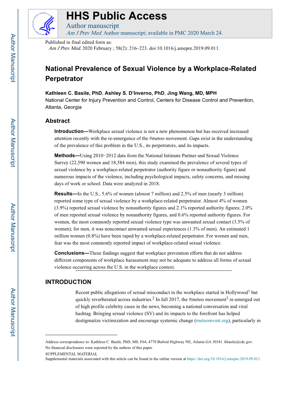 National Prevalence of Sexual Violence by a Workplace-Related Perpetrator