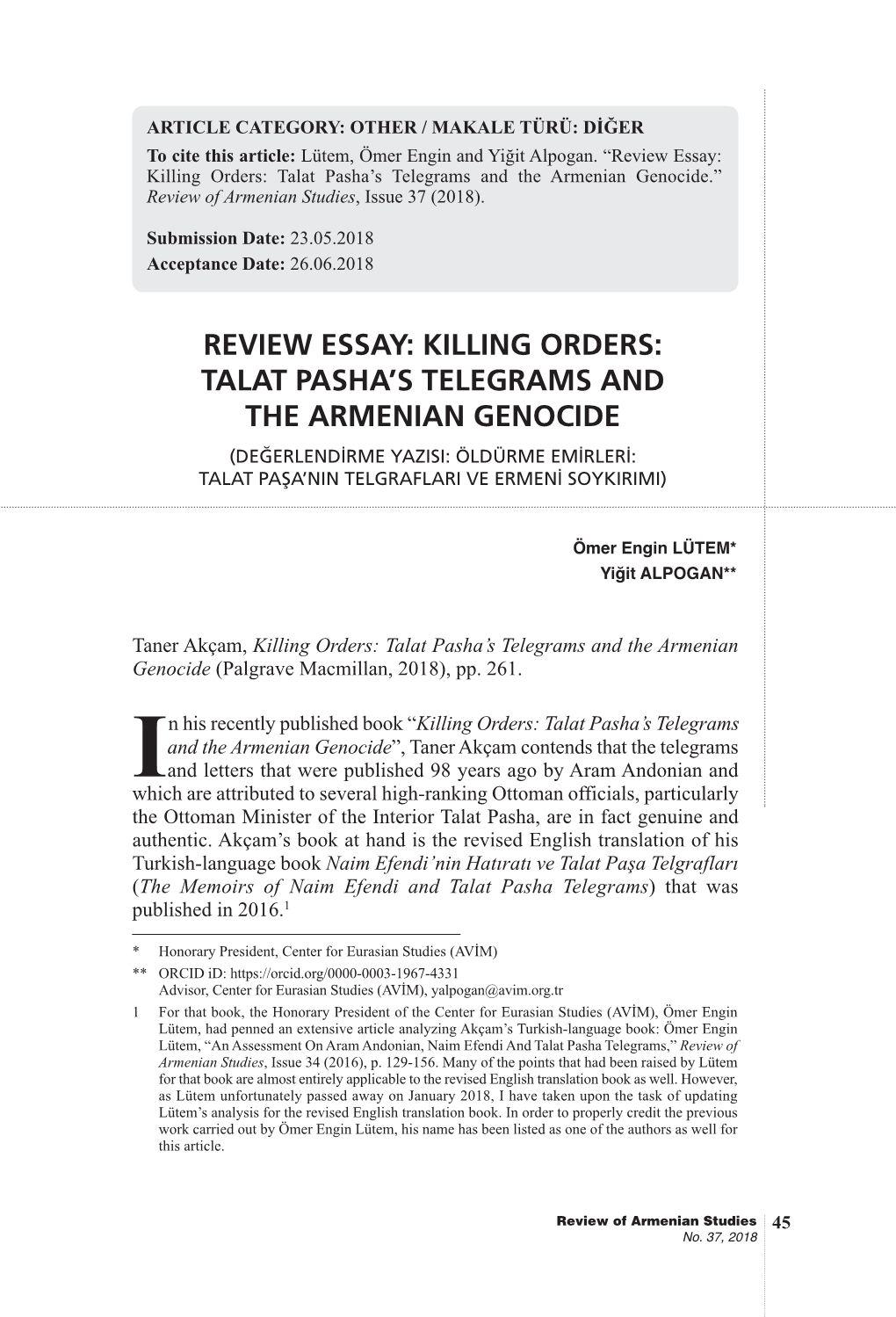 Review Essay: Killing Orders: Talat Pasha's Telegrams