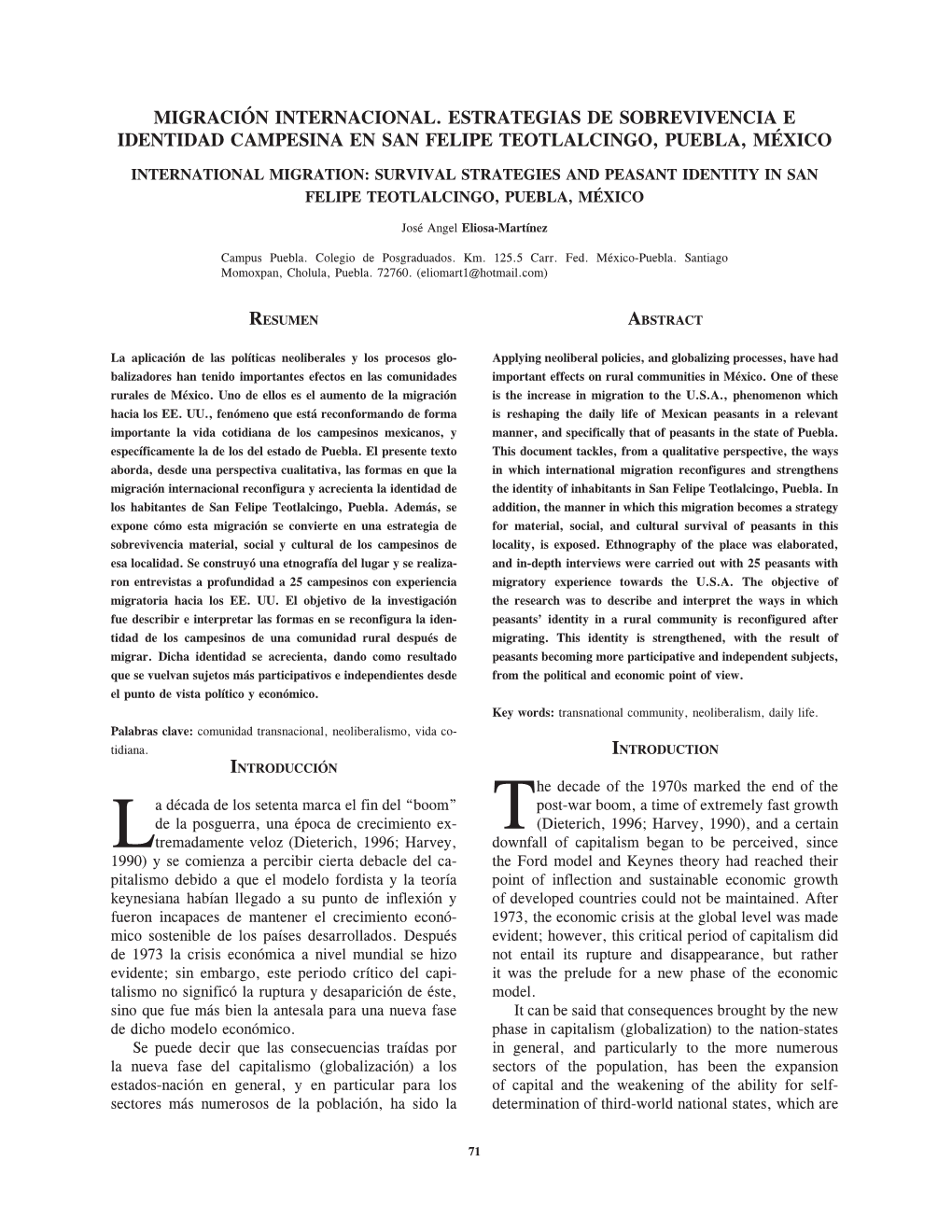 Migración Internacional. Estrategias De Sobrevivencia E Identidad Campesina En San Felipe Teotlalcingo, Puebla, México