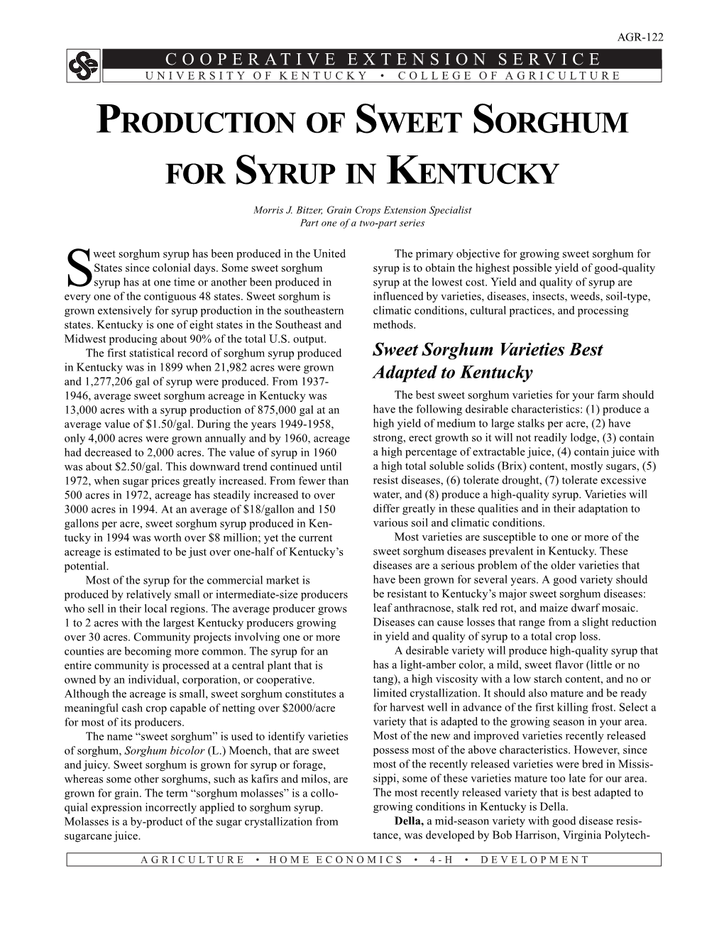 Agr-122: Production of Sweet Sorghum for Syrup in Kentucky