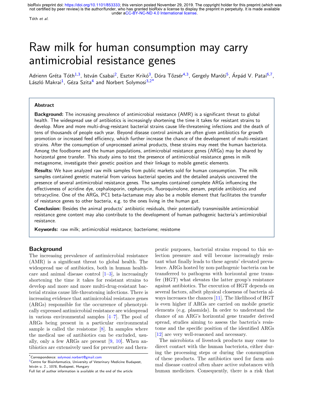 Raw Milk for Human Consumption May Carry Antimicrobial Resistance Genes