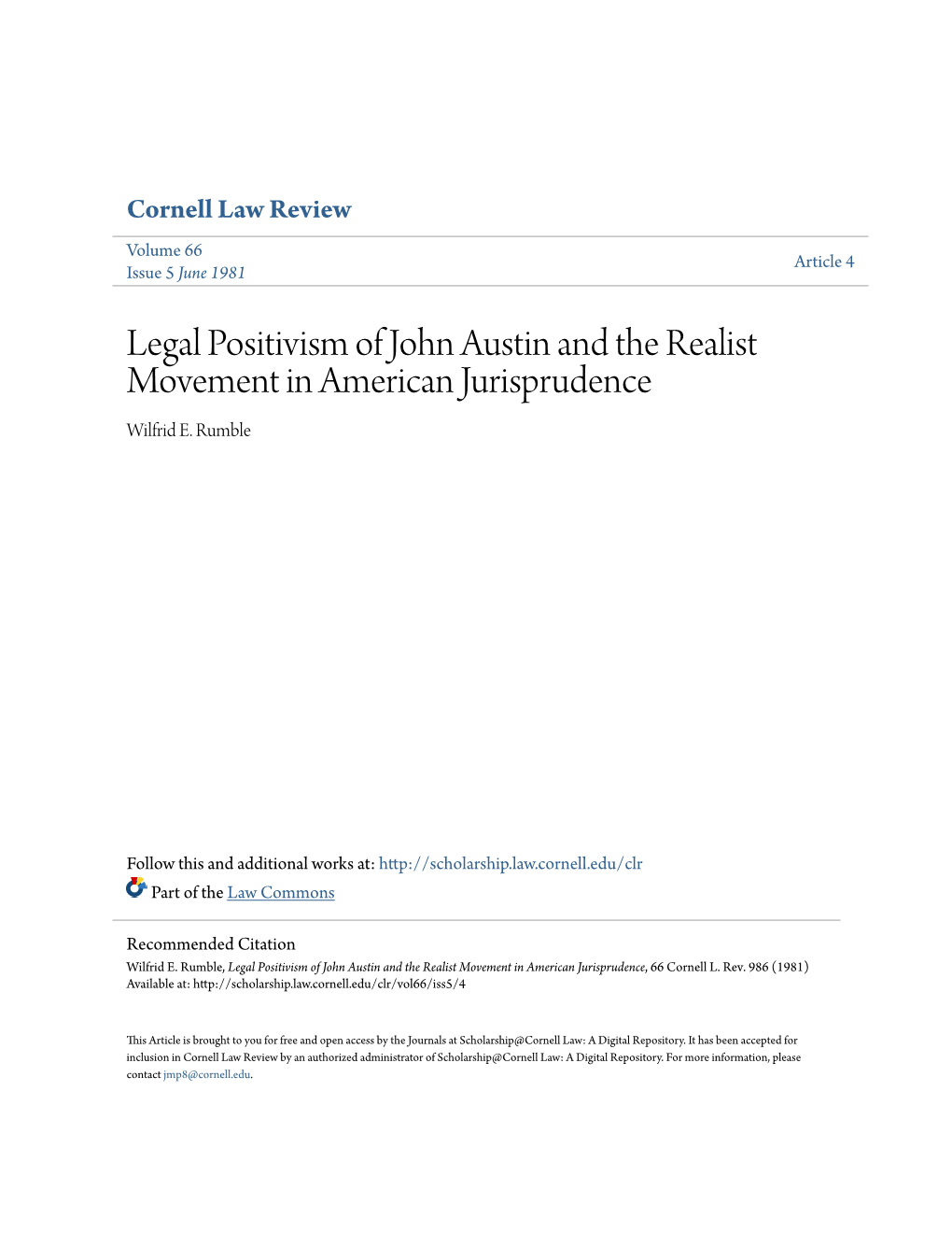 Legal Positivism of John Austin and the Realist Movement in American Jurisprudence Wilfrid E