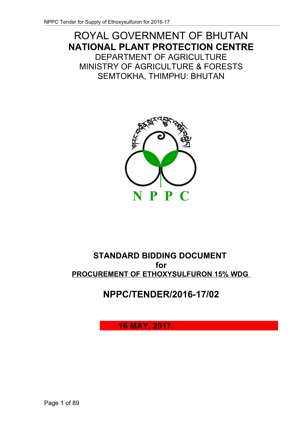 NPPC Tender for Supply of Ethoxysulfuron for 2016-17