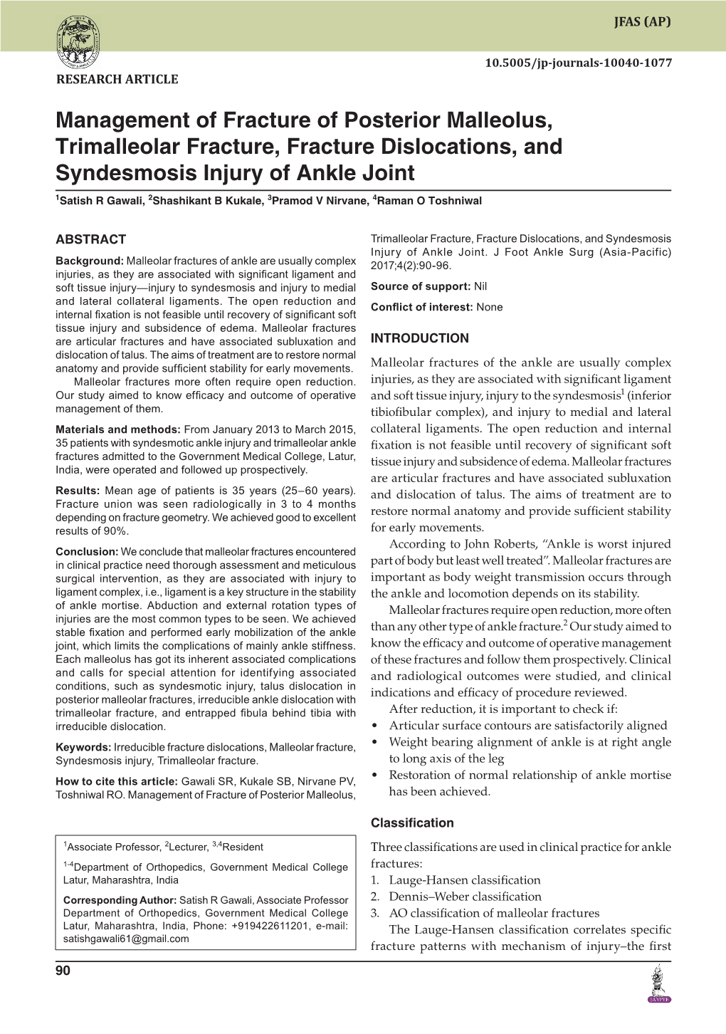 Management of Fracture of Posterior Malleolus, Trimalleolar Fracture, Fracture Dislocations, and Syndesmosis Injury of Ankle