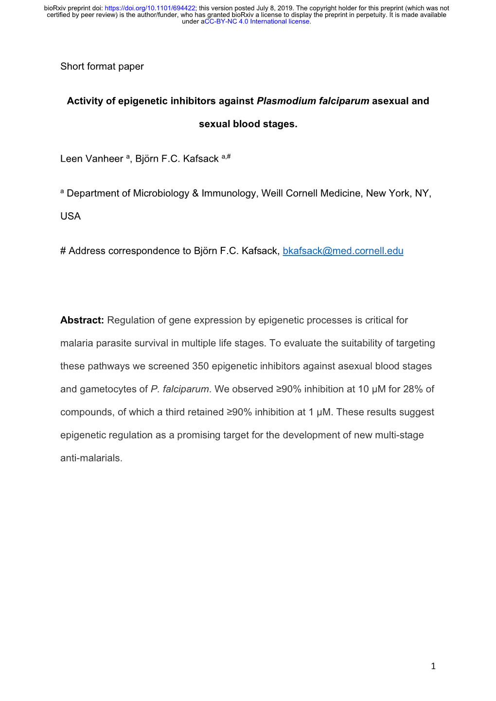 Activity of Epigenetic Inhibitors Against Plasmodium Falciparum Asexual And