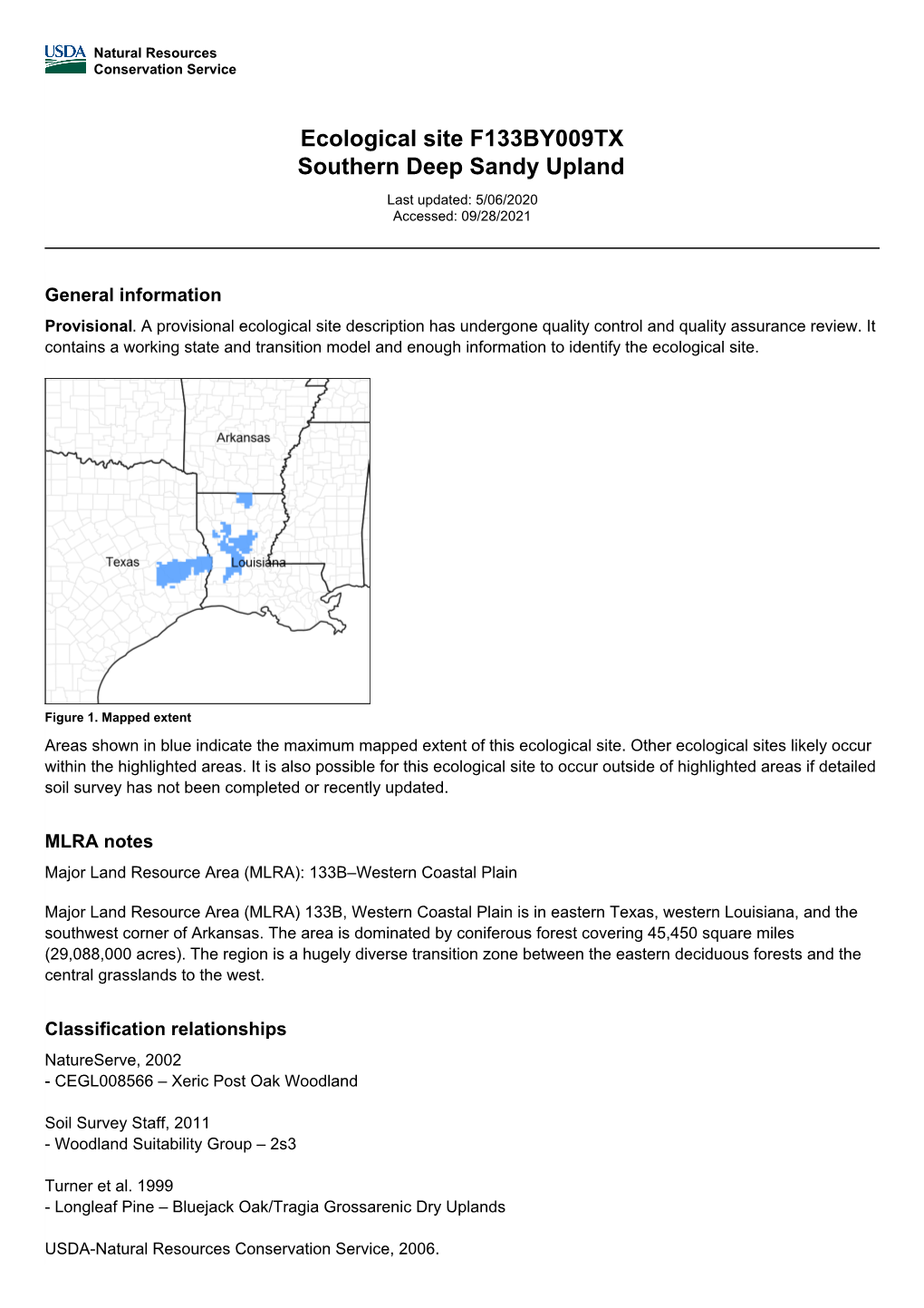 Ecological Site F133BY009TX Southern Deep Sandy Upland