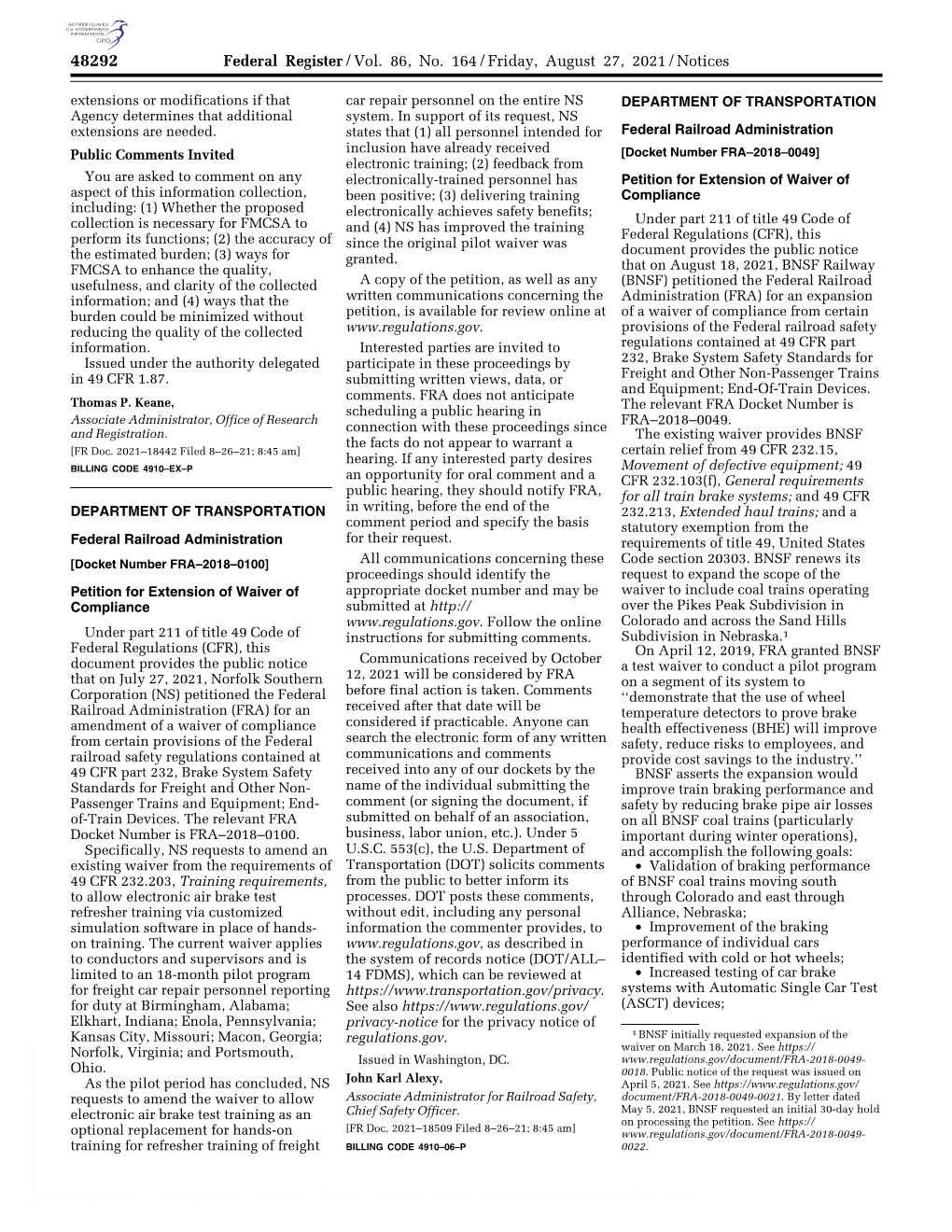 Federal Register/Vol. 86, No. 164/Friday, August 27, 2021/Notices