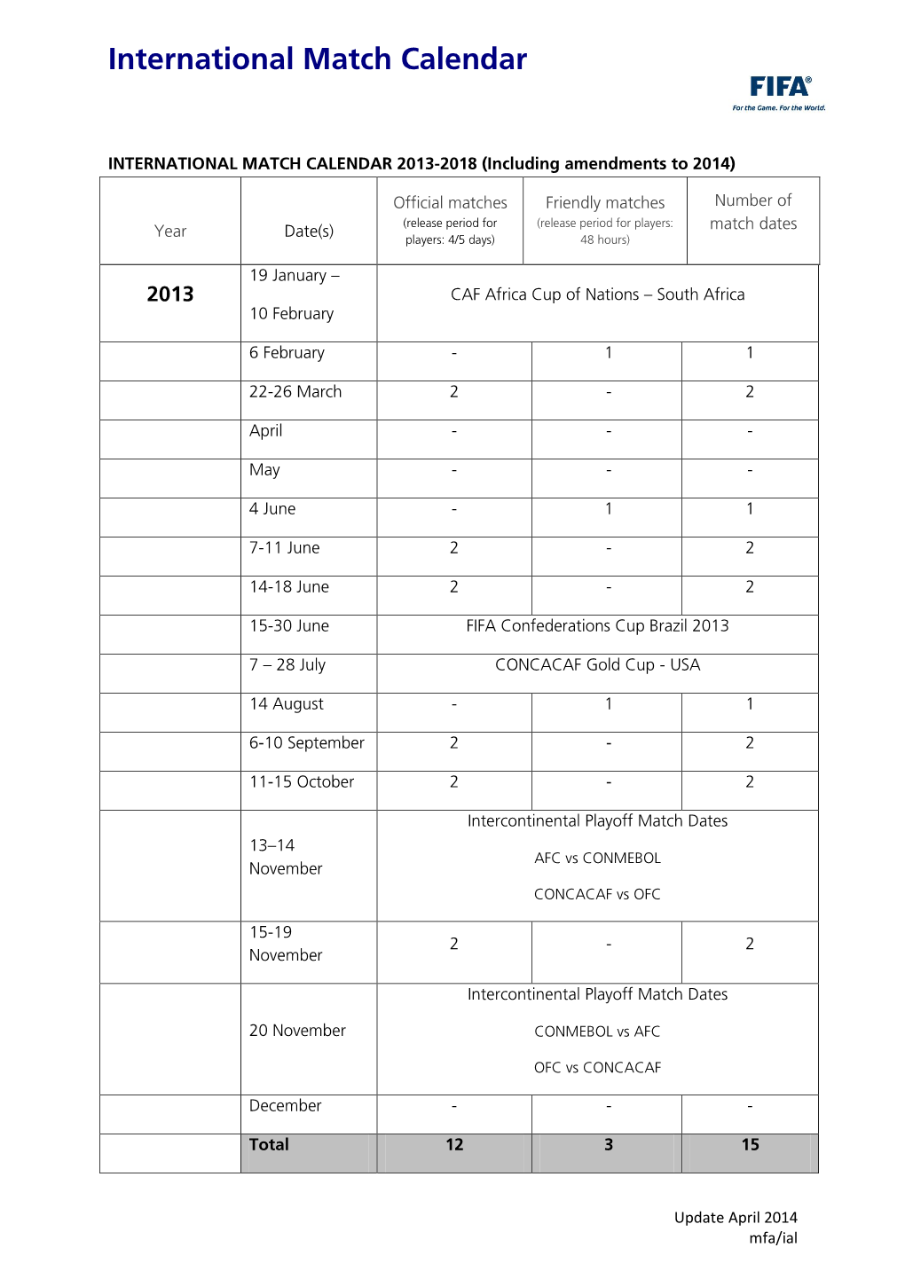 International Match Calendar