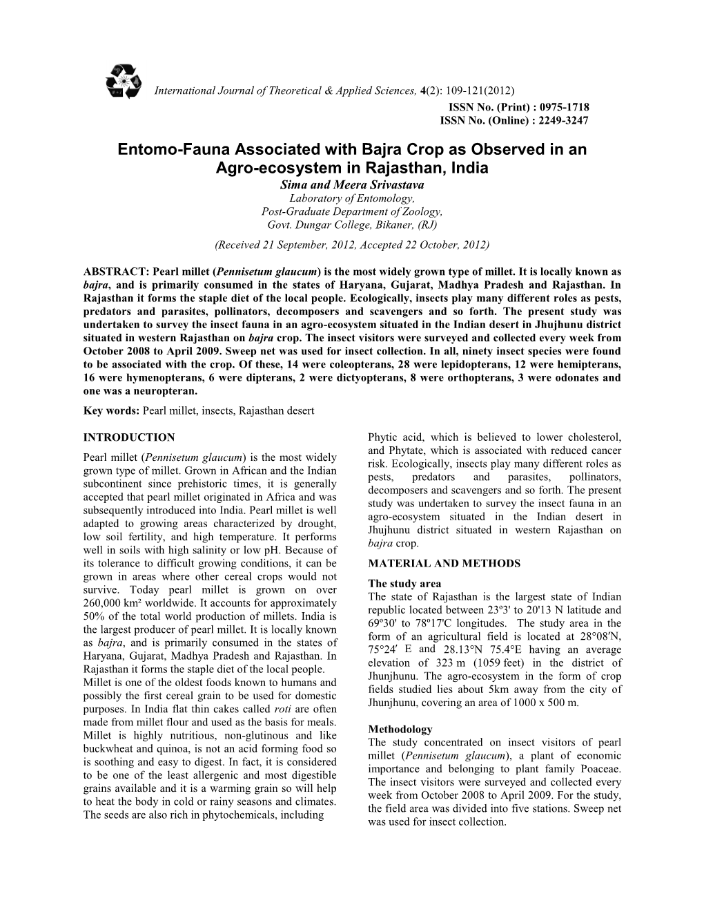 Entomo-Fauna Associated with Bajra Crop As Observed in an Agro