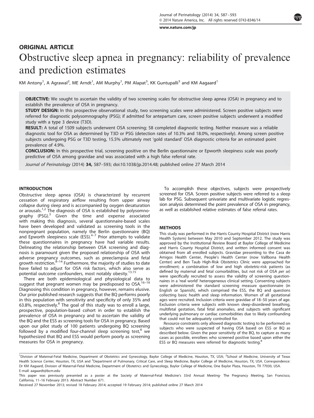 Obstructive Sleep Apnea in Pregnancy: Reliability of Prevalence and Prediction Estimates