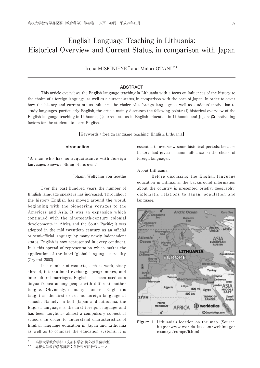 English Language Teaching in Lithuania: Historical Overview and Current Status, in Comparison with Japan