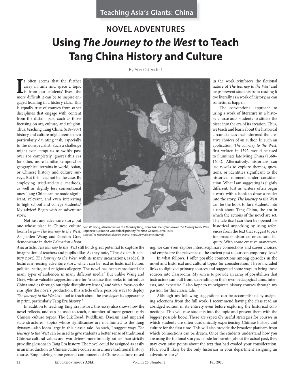 Using the Journey to the West to Teach Tang China History and Culture