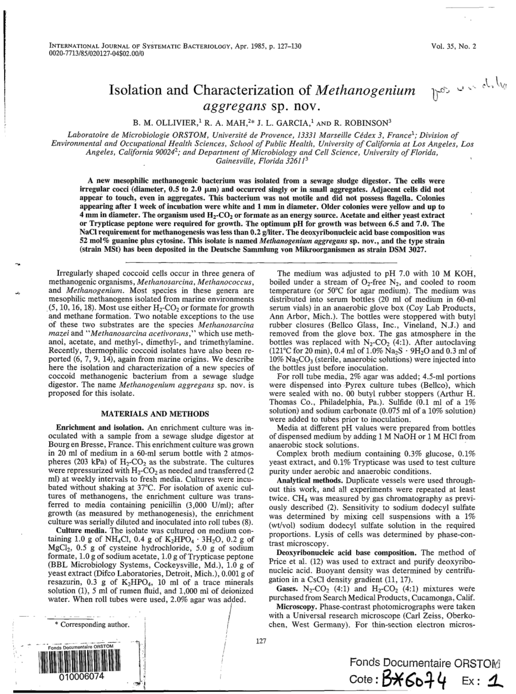 Isolation and Characterization of Methanogenium Aggregans Sp. Nov