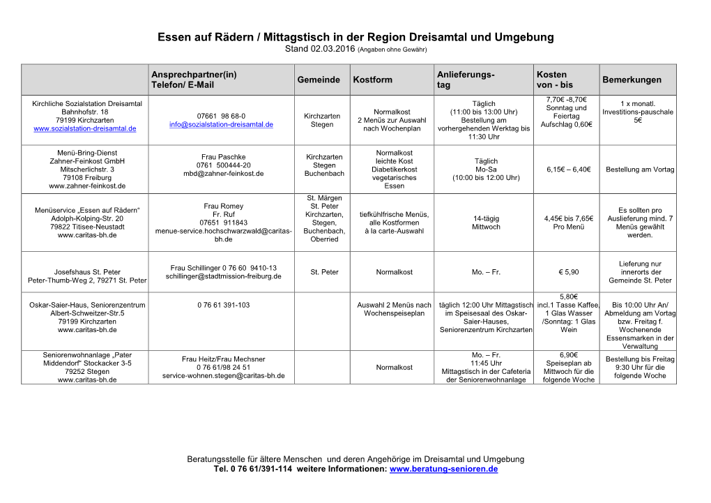 Essen Auf Rädern / Mittagstisch in Der Region Dreisamtal Und Umgebung Stand 02.03.2016 (Angaben Ohne Gewähr)