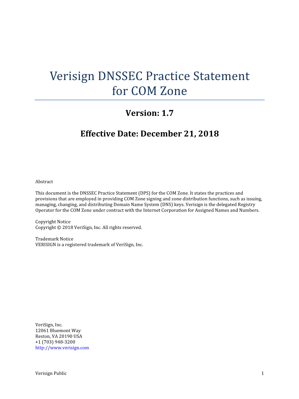 Verisign DNSSEC Practice Statement for COM Zone