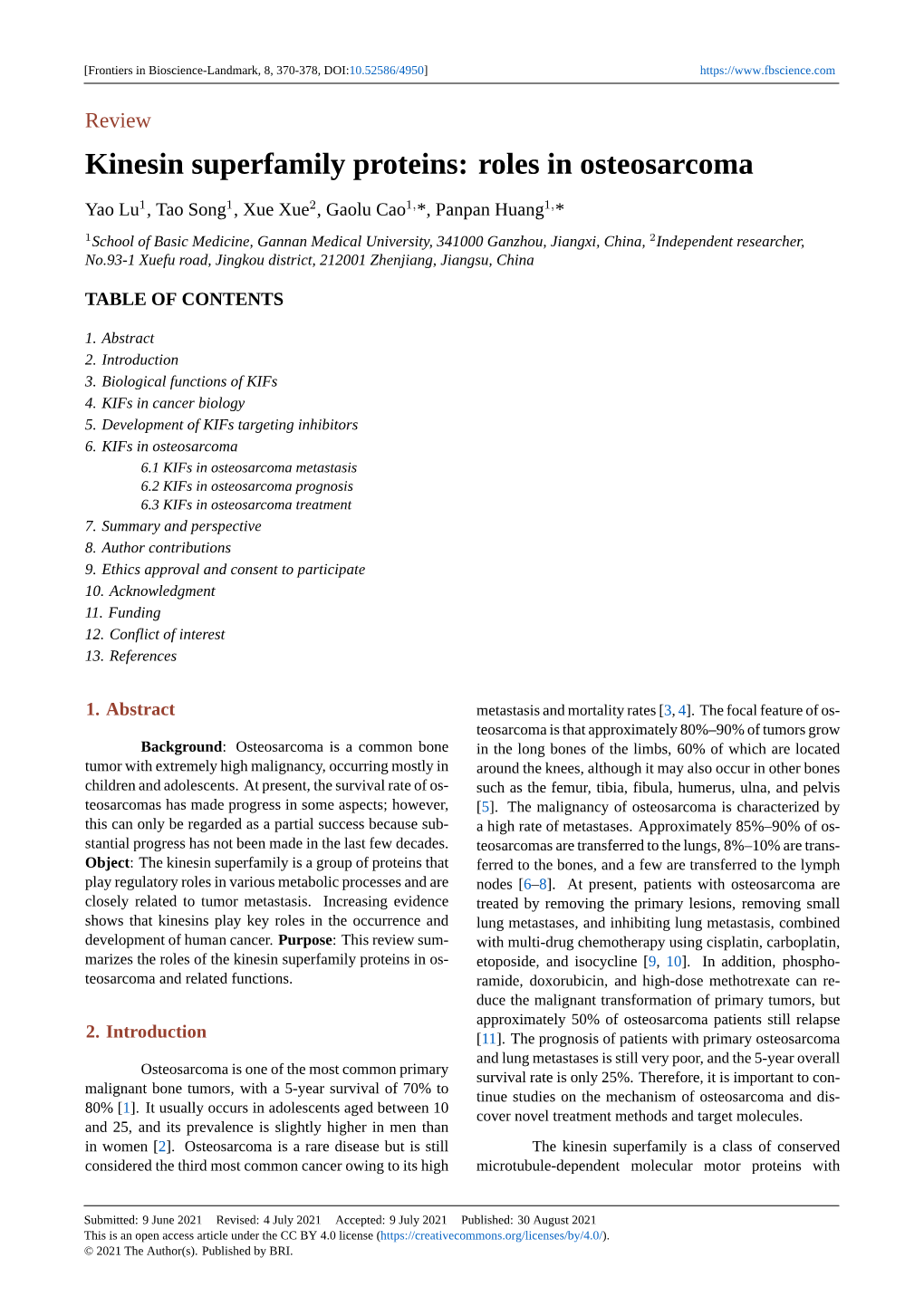 Kinesin Superfamily Proteins: Roles in Osteosarcoma