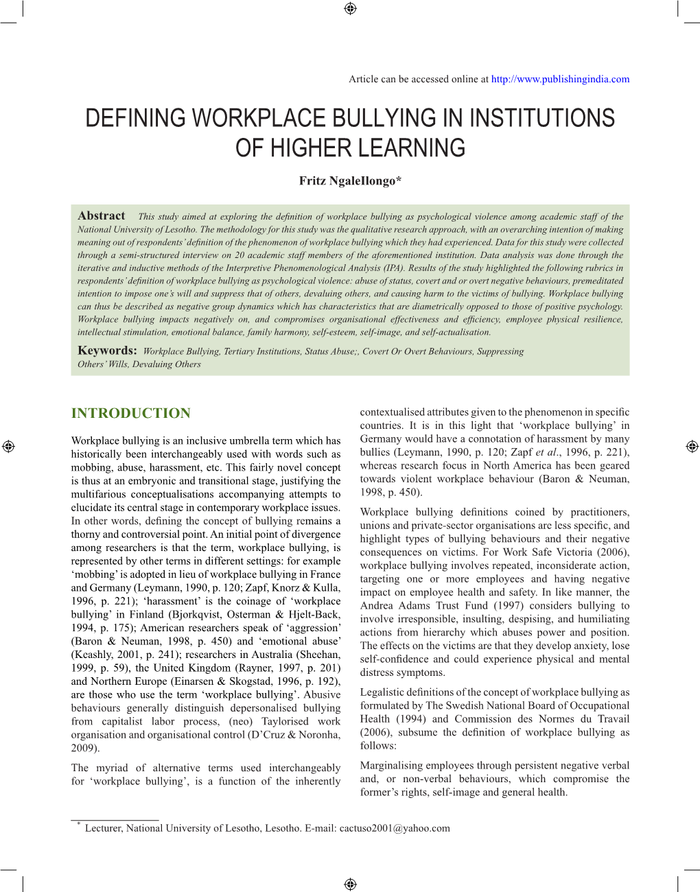 Defining Workplace Bullying in Institutions of Higher Learning