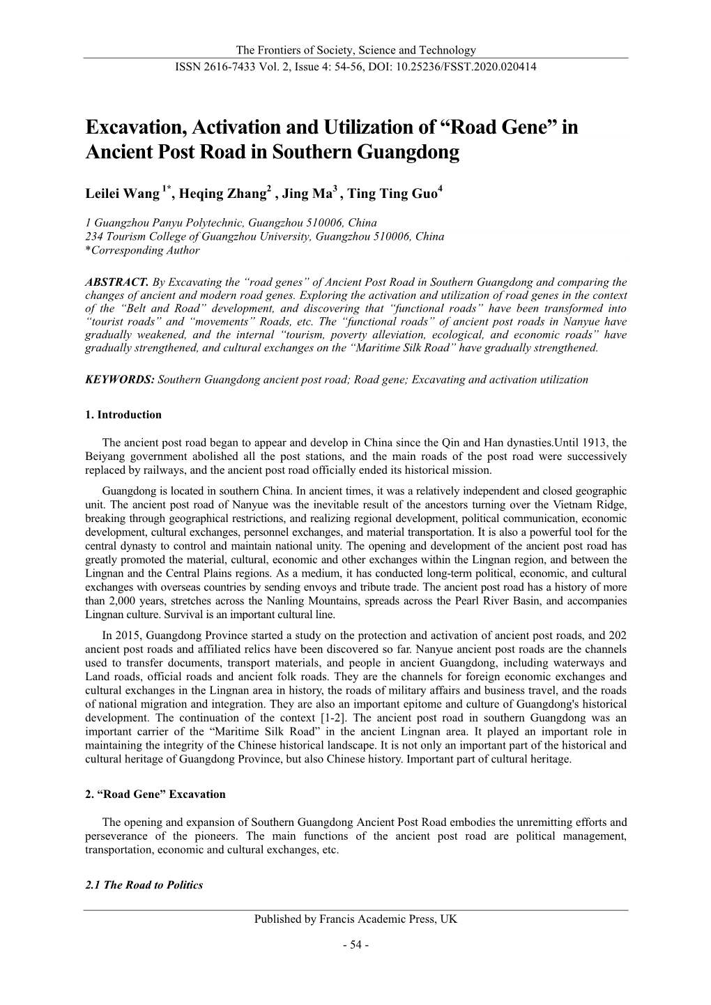 Excavation, Activation and Utilization of “Road Gene” in Ancient Post Road in Southern Guangdong