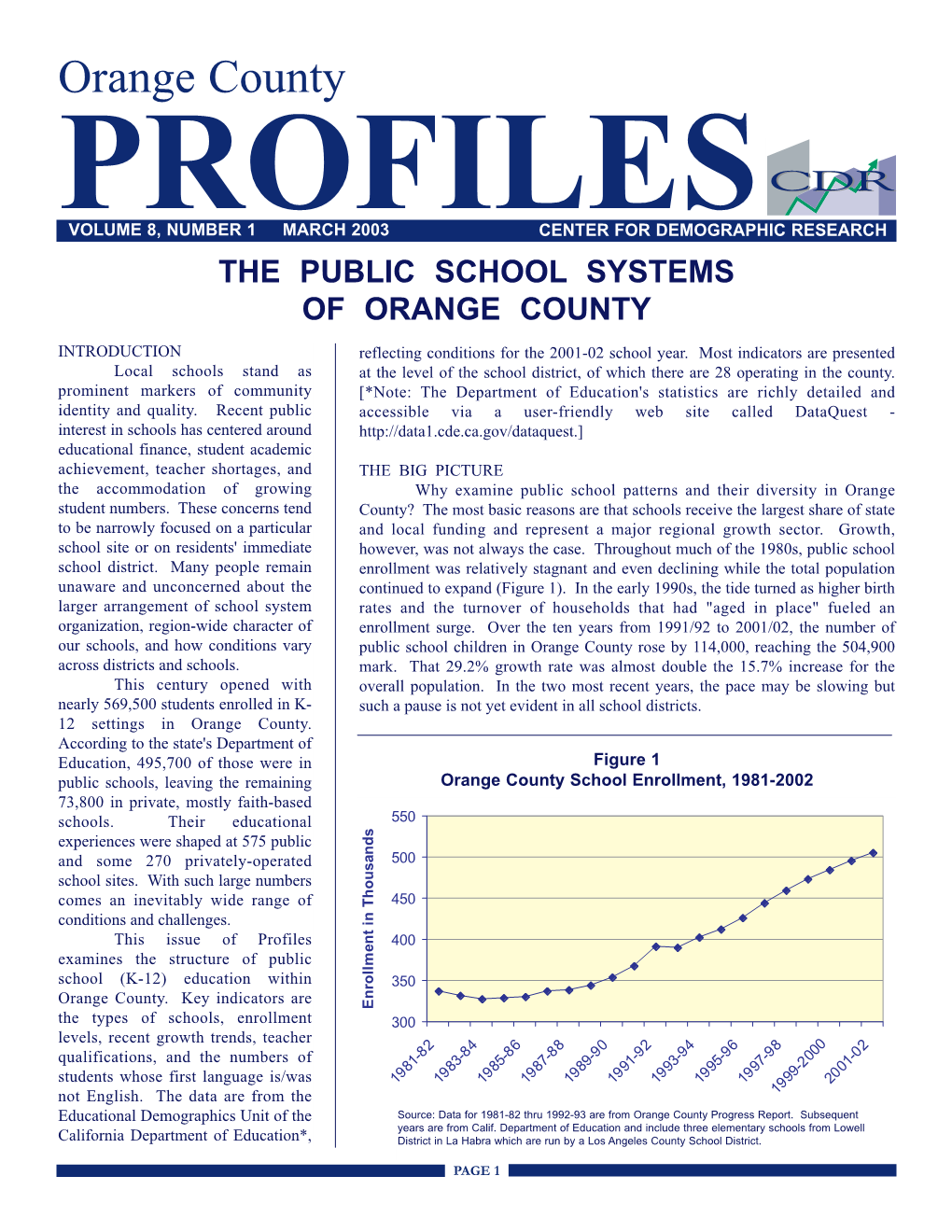 Orange County PROFILES VOLUME 8, NUMBER 1 MARCH 2003 CENTER for DEMOGRAPHIC RESEARCH the PUBLIC SCHOOL SYSTEMS of ORANGE COUNTY