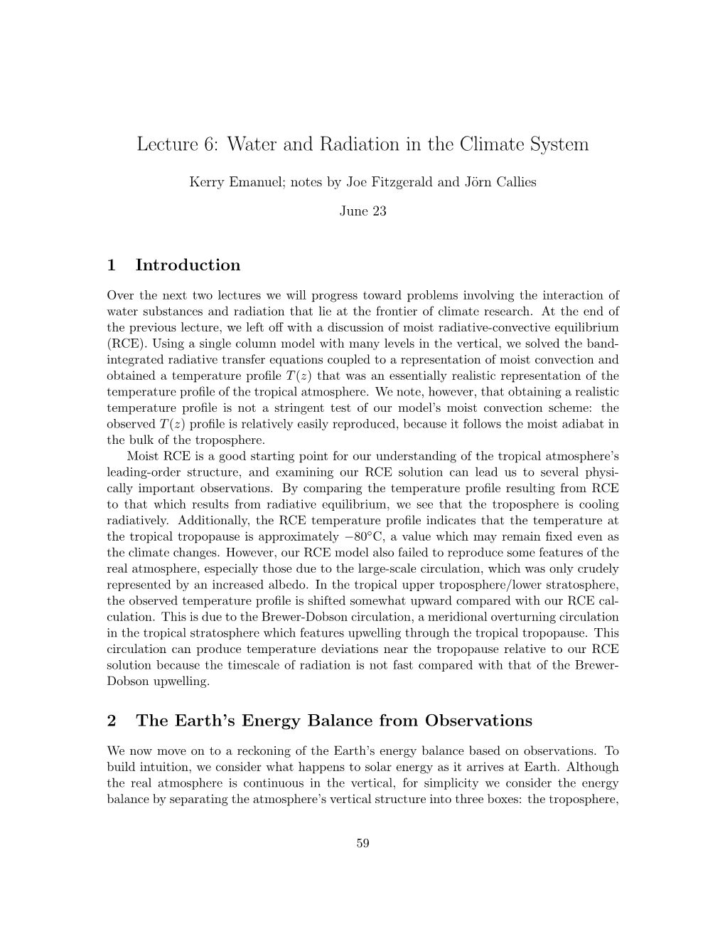 Lecture 6: Water and Radiation in the Climate System