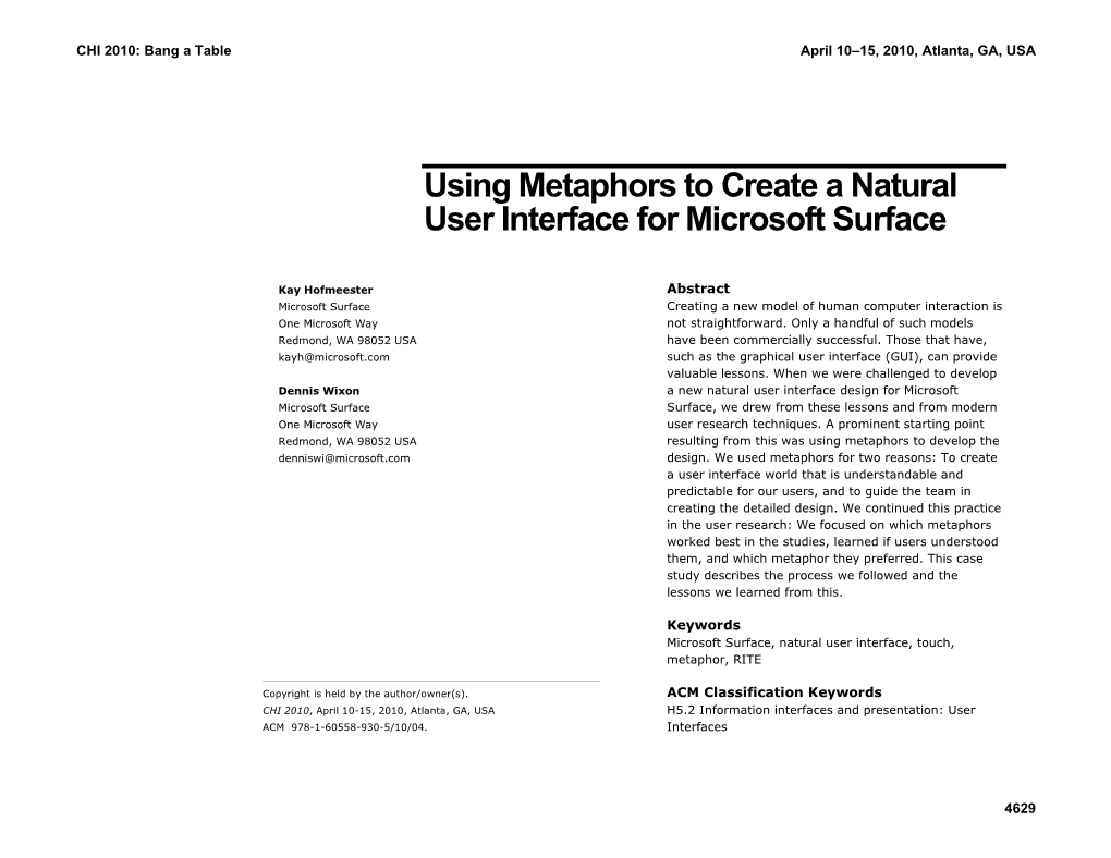 Using Metaphors to Create a Natural User Interface for Microsoft Surface