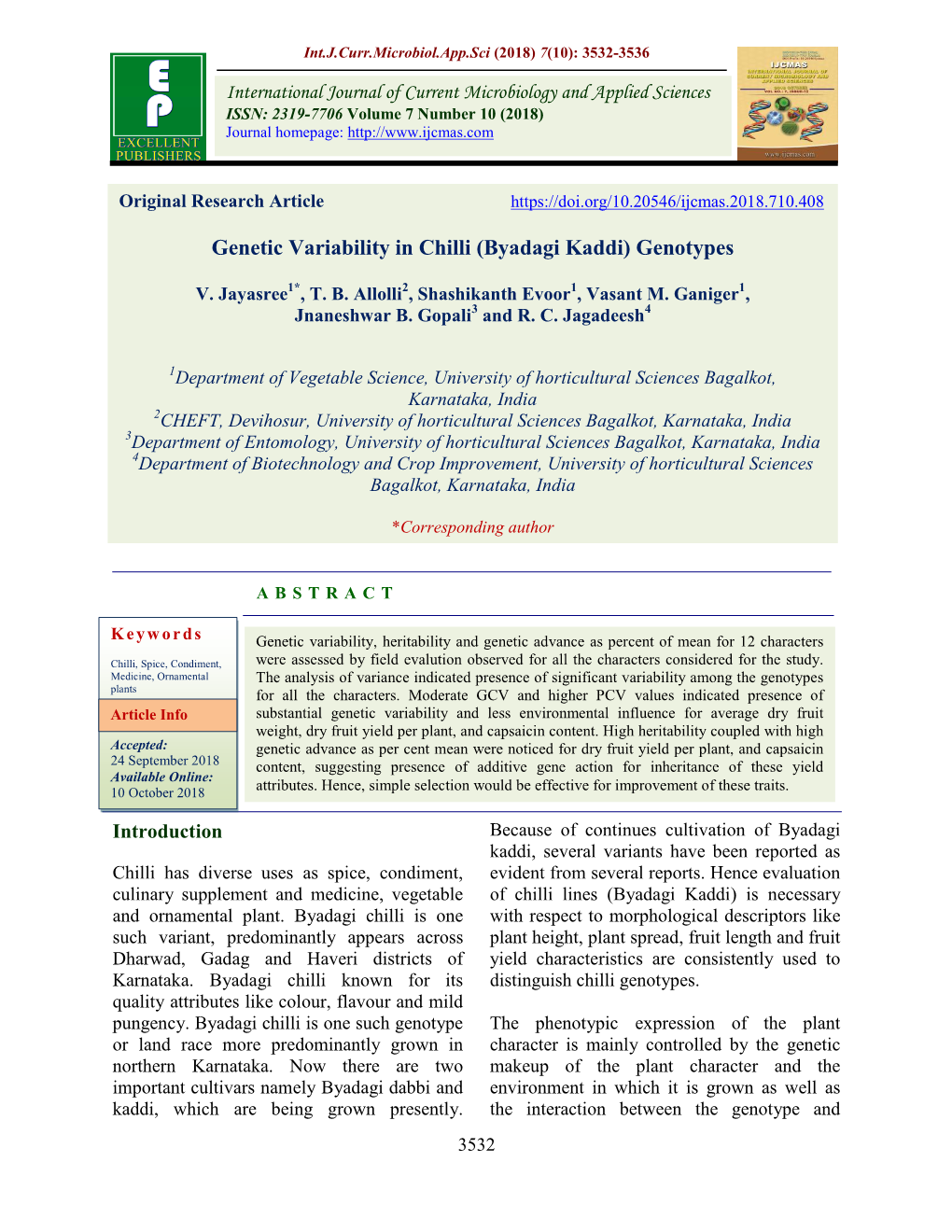 Genetic Variability in Chilli (Byadagi Kaddi) Genotypes