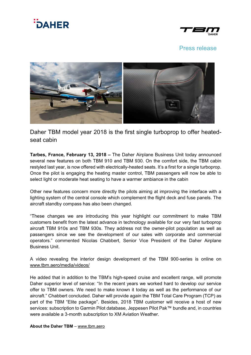 Press Release Daher TBM Model Year 2018 Is the First Single Turboprop To