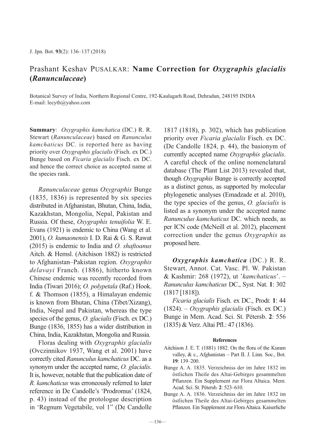 Prashant Keshav Pusalkar: Name Correction for Oxygraphis Glacialis (Ranunculaceae)