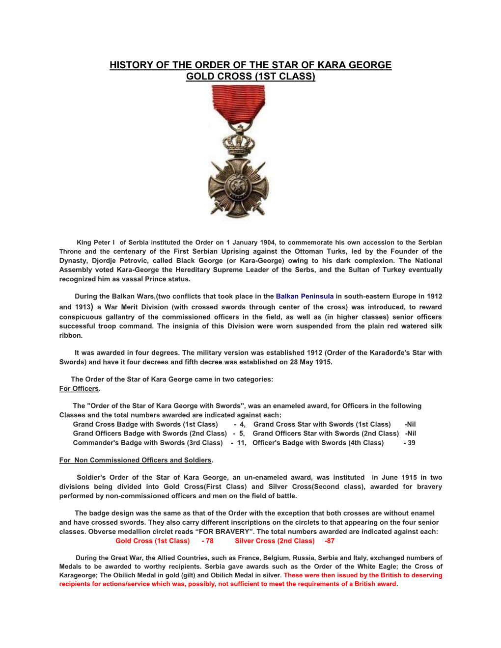 History of the Order of the Star of Kara George Gold Cross (1St Class)