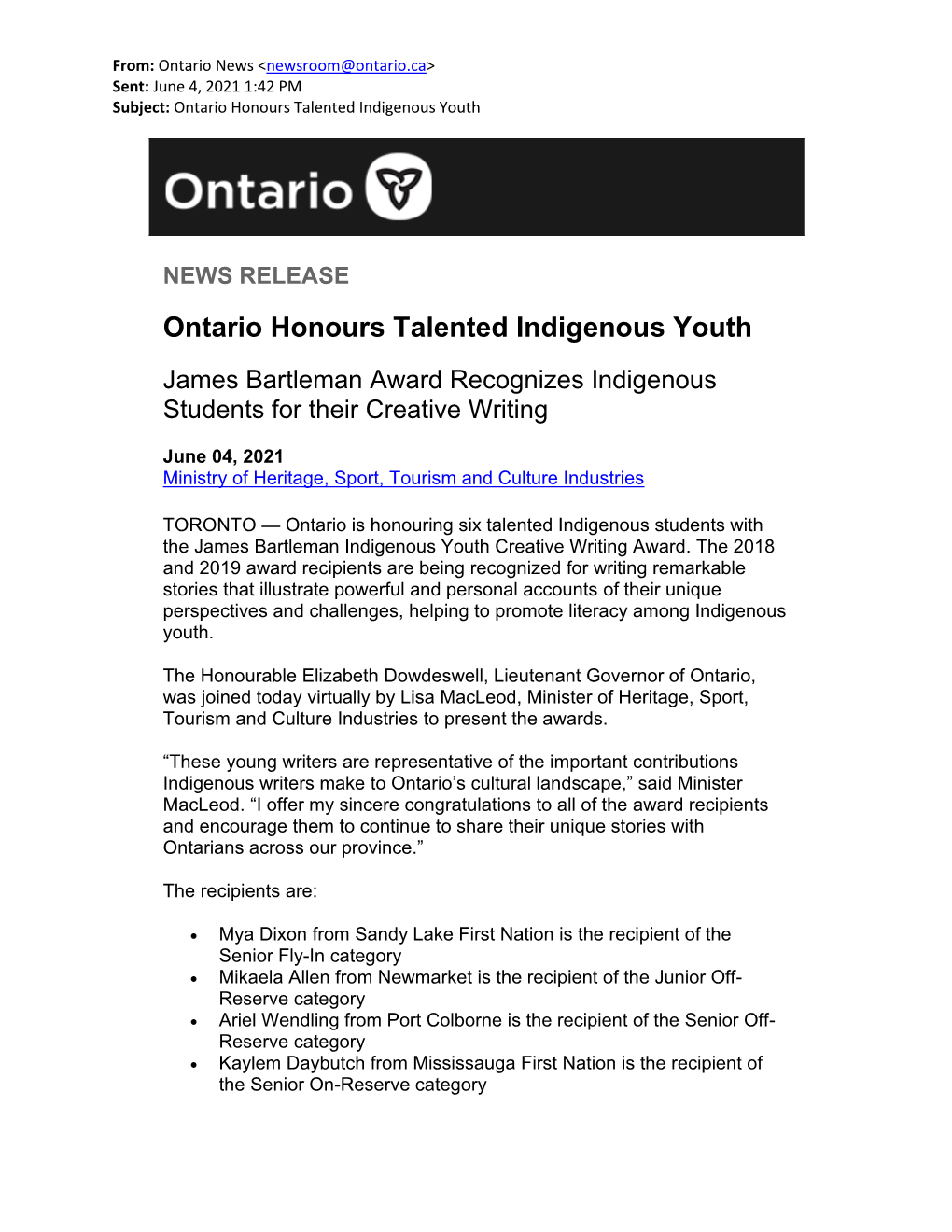Ontario Honours Talented Indigenous Youth